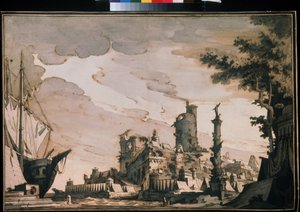 ديكور مسرح "منظر أى ميناء". لوحة مائية لبيترو دي جوتاردو غونزاغا (1751-1831) 1818. ألوان مائية وحبر على ورق. موسكو ، متحف بوشكين