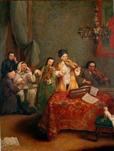 الحفلة الموسيقية ثلاثية من عازفي الكمان. لوحة لبيترو لونجي (1702-1788) القرن الثامن عشر البندقية ، غاليريا ديل أكاديميا بواسطة بيترو لونغي