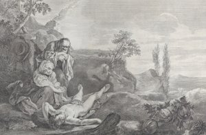 آدم وحواء على اليسار ، كزوجين مسنين ، ينوحون على جثة هابيل التي ترقد في ... ، 1743-1763.