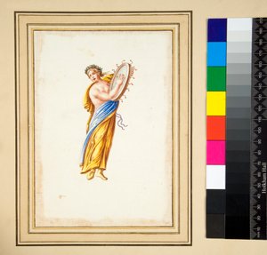 شخصية رايات تدق على طبلة (طباشير أسود ، بعضها بالقلم والحبر البني ، ملون بالألوان المائية) بواسطة بيترو سانتي بارتولي