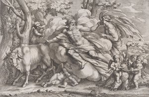 آيو على اليسار كبقرة ، والمشتري على سحابة في الوسط وجونو على اليمين مع بو ... ، 1650-90.