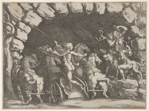 بلوتو ، ينظر إليه من الخلف ، ويدخل Underwold على كرسيه ، Cereberus وثلاثة Fu ... ، كاليفورنيا. 1680.