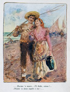 Back from fishing, illustration by Pietro Scoppetta (1863-1920), Italy, 20th century