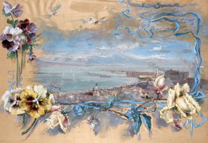 View of Naples through pansies (painting on silk)