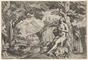 الابن الضال الجالس على قاعدة شجرة بين الخنازير ، وبصره موجه نحو الأعلى ... ، كاليفورنيا. 1640-50.