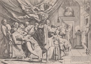 انتحار الفيلسوف كاتو ، الذي يرقد على سريره يسحب أحشائه ، شاهد عام 1648.