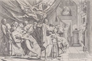 انتحار الفيلسوف كاتو ، الذي يرقد على سريره يسحب أحشائه ، شاهد عام 1648.