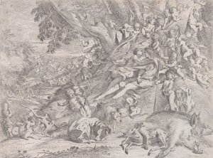 فينوس وأدونيس ، محاطان بالعديد من المعجون ، مستلقين بعد الصيد ، مع خنزير ميت ... ، 1631-1637.
