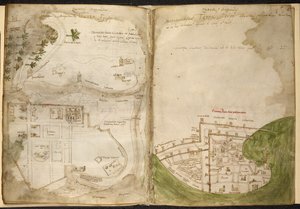 خرائط القدس وعكا ، من مارينو سانودو تورسيلو ، "كتاب أسرار مؤمني الصليب" ، ج .1320-1325 (لون الجسم على الرق) بواسطة بيترو فيسكونت