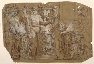 Antique sacrifice and the marriage of Perseus and Andromeda, after Polidoro da Caravaggio (c.1499-1543) (pen & brown ink with brown wash heightened with white body colour over preliminaries in black chalk on paper washed brown) بواسطة بيترو دا كورتونا