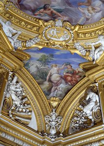 قاعة Sala di Apollo Hall of Apollo تفاصيل معلقة تصور متحفتي Calliope و Melpomene ، c.1647 فريسكو بواسطة بيترو دا كورتونا