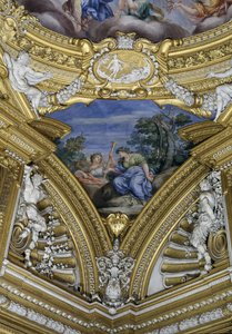 قاعة Sala di Apollo Hall of Apollo تفاصيل معلقة تصور الألحان Thalia و Clio ، c.1647 فريسكو بواسطة بيترو دا كورتونا