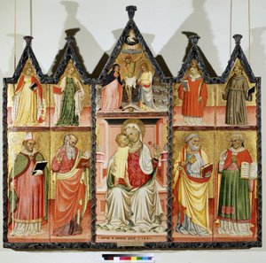 Polyptych للعذراء والطفل مع القديسين. أعلى اليسار: القديسة كاترين من الإسكندرية والقديسة مريم المجدلية. في الوسط حول المسيح على الصليب مع نقش "INRI" (I.N.R.I.). مريم العذراء والقديس يوحنا. أعلى اليمين: S. بواسطة بيترو دي جيوفاني ليانوري
