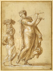 Woman playing the flute, accompanied by a canephoric bearded dwarf (pen & ink with wash and gouache on paper)
