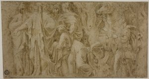 قصة نيوب: نيوب يتلقى هدايا من المصلين ؛ الشباب مع الحصان بواسطة Polidoro da Caravaggio