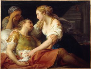 توفي مارك أنطوان السياسي الروماني والجنرال مارك أنطوان (ماركوس أنطونيوس) (83-30 قبل الميلاد) في أحضان كليوباتري. لوحة بومبيو باتوني (1708-1787) 1760 بريست ، متحف الفنون الجميلة بواسطة بومبيو جيرولامو باتوني