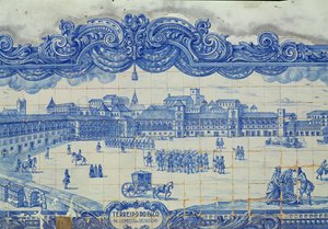 بلاط Azulejos الذي يصور Praca do Comercio ، لشبونة (السيراميك) بواسطة المدرسة البرتغالية