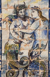 بلاط Azulejos في حدائق القصر يصور المخلوقات البحرية (السيراميك) بواسطة المدرسة البرتغالية