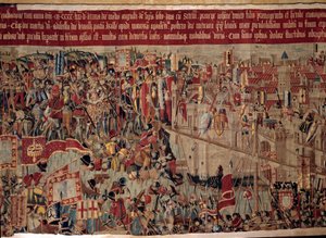 غزو أفريقيا: "" استيلاء الأسطول البرتغالي على أصيلة (أرزيلا) في المغرب عام 1471 "" "جزء من نسيج من المدرسة البرتغالية في القرن السادس عشر. لشبونة ، المتحف الوطني للفنون القديمة بواسطة المدرسة البرتغالية