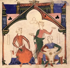 Fol.4r موسيقيون يعزفون صنجات وسفر ، من Chansonnier des Nobles بواسطة المدرسة البرتغالية