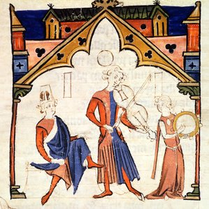Fol.6r موسيقيون يعزفون على فيولا و الدف من فرقة Chansonnier des Nobles بواسطة المدرسة البرتغالية