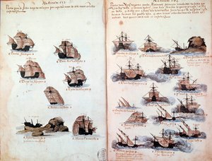 Manuscript page “” Memorials of the armadas of Portugal under King Manuel I (1469-1521)”” representing the Portuguese fleets. 1523 B.N. Paris بواسطة المدرسة البرتغالية