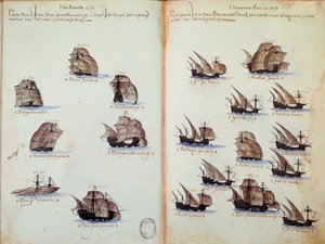 صفحة مخطوطة "" نصب تذكارية لأسطول البرتغال في عهد الملك مانويل الأول (1469-1521) "تمثل الأساطيل البرتغالية بواسطة المدرسة البرتغالية