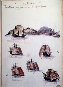 صفحة مخطوطة "" ذكريات أسطول البرتغال في عهد الملك مانويل الأول (1469-1521) "تمثل الأساطيل البرتغالية لعام 1497. 1500 لشبونة ، المتحف الوطني للفنون القديمة بواسطة المدرسة البرتغالية