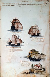 صفحة مخطوطة "" ذكريات أسطول البرتغال في عهد الملك مانويل الأول (1469-1521) "تمثل الأساطيل البرتغالية لعام 1497. 1500 لشبونة ، المتحف الوطني للفنون القديمة بواسطة المدرسة البرتغالية