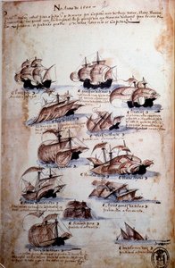 صفحة مخطوطة "" ذكريات أسطول البرتغال في عهد الملك مانويل الأول (1469-1521) "تمثل الأساطيل البرتغالية لعام 1497. 1500 لشبونة ، المتحف الوطني للفنون القديمة بواسطة المدرسة البرتغالية