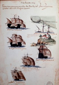 صفحة مخطوطة "" ذكريات أسطول البرتغال في عهد الملك مانويل الأول (1469-1521) "تمثل الأساطيل البرتغالية لعام 1497. 1500 لشبونة ، المتحف الوطني للفنون القديمة بواسطة المدرسة البرتغالية