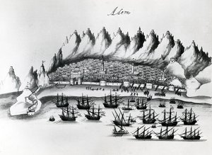 الاعتداء البرتغالي على عدن ، رسم توضيحي من أساطير الهند بواسطة جاسبر كورييا ، c.1858 بواسطة المدرسة البرتغالية
