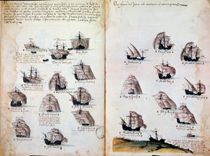 سفن حربية. ذكريات أسطول البرتغال في عهد الملك مانويل الأول (1469 - 1521). مخطوطة من 1505. باريس. BN بواسطة المدرسة البرتغالية