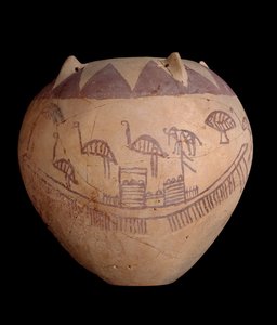 جرة طينية مدفأة ذات زخارف مطلية ، بما في ذلك القوارب والحيوانات ، c.3400-3300 قبل الميلاد (الطين)