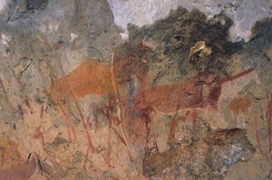 Human and animal figures, bushmen or san cave paintings, Maloti-Drakensberg Park (Unesco World Heritage List, 2000), Lesotho بواسطة عصور ما قبل التاريخ