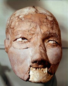 الفن الحجري الحديث: جمجمة بشرية تعود إلى العصر الحجري (6000-4000 قبل الميلاد). من أريحا ، المتحف الأثري ، عمان ، الأردن بواسطة عصور ما قبل التاريخ