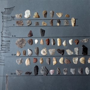 Prehistory, culture of Pontiniano: stones and flint (Lithic production) from the Cave of Moscerini, Lazio. Stone Age. Upper Paleolithic. Rome, Museo Nazionale Preistorico Etnografico Luigi Pigorini بواسطة عصور ما قبل التاريخ