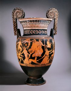 إناء من Pronomos. مجموعة من الممثلين يستعدون للعب مسرحية. Cratere هي شخصيات حلزونية وحمراء وبيضاء رسمها Pronomos. سيراميك. قاتمة: 74 سم. Inv. 81673. Museo nazionale archeologico ، نابولي (Musee Archeologique de Naples). بواسطة برومونوس رسام