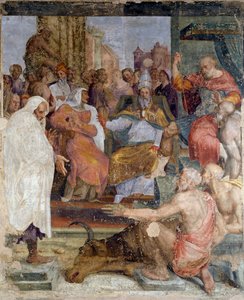 قصص البابا سيلفستر والإمبراطور قسطنطين ، بقلم بروسبيرو فونتانا (1512-1597) ، جدارية ، هول ، بالازينا ديلا فيولا ، بولونيا ، إميليا رومانيا ، إيطاليا