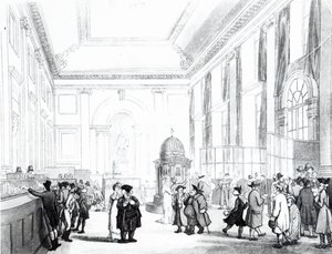 بنك إنجلترا ، القاعة الكبرى ، من "صورة مصغرة لأكرمان في لندن" ، 1809 (أكواتينت) بواسطة بوجين ورولاندسون
