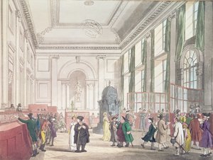 بنك إنجلترا ، القاعة الكبرى ، من "صورة مصغرة لأكرمان في لندن" ، 1809 (أكواتينت) بواسطة بوجين ورولاندسون