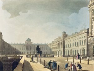 سومرست هاوس ، ستراند ، من "العالم الصغير لأكرمان في لندن" ، منقوش بواسطة جون بلوك (fl.1791-1819) ، 1809 (أكواتينت) بواسطة بوجين ورولاندسون