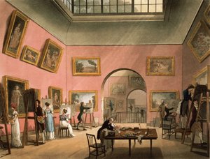 يتعلم الطلاب الرسم وعمل نسخ من الصور في المعهد البريطاني ، Pall Mall ، من فيلم Macrocosm of London في أكرمان ، 1808 (النقش باستخدام المرحاض)