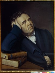 صورة للعاطفي الخرافي إيفان أ.كريلوف (1769-1844) (صورة للعالم الخرافي آي.إيه كريلوف). عمل بيوتر أليكسيفيتش أولينين (1828-1855) ، باستيل على ورق بواسطة بيوتر أليكسيفيتش أولينين