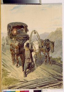 ترويكا (عربة روسية تجرها ثلاثة خيول). عمل لبيوتر (بيوتر) بتروفيتش سوكولوف (1821-1899) ، لوحة مائية على ورق