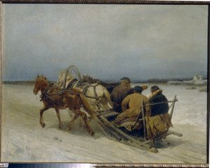 الترويكا في الشتاء. (عقبة روسية تقليدية ، تجرها ثلاثة خيول). لوحة لبيوتر (بيوتر) بتروفيتش سوكولوف (1821-1899) ، زيت على قماش