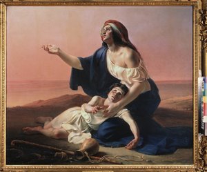 هاجر وإسماعيل في الصحراء. (العبد المصري لإبراهيم ، مع ابن غير شرعي للنبي ، يصطادون في الصحراء عند نفاذ الماء). لوحة لبيوتر ستيبانوفيتش بتروفسكي (1814-1842) ، زيت على قماش بواسطة بيوتر ستيبانوفيتش بتروفسكي