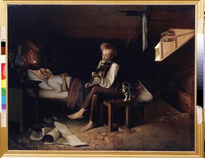 عازف كمان مجنون على فراش موت والدته (عازف كمان مجنون على فراش موت الأم). في غرفة نوم بائسة في العلية ، ترقد امرأة ميتة في سريرها ويداها مشبوكتان على صدرها ، تحت صليب أضاءته اللهب. بواسطة بيوتر سيسوييفيتش كوسولاب