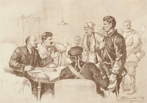 لينين وستالين يتحدثان إلى الحرس الأحمر في سمولني ، 1917 ، 1939. بواسطة Pyotr Vasilyev