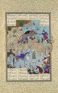 بهرام تشوبينا يذبح الأسد القرد ، ورقة 715v من شاهنامه كتاب الملوك ... ، ج 1530-35 بواسطة أنا Musavvir